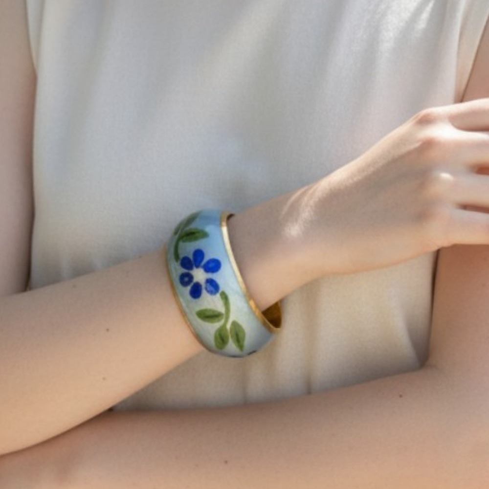 Blue Floral Brass Enamel Bangle Bracelet Hand Painted Cottagecore Boho